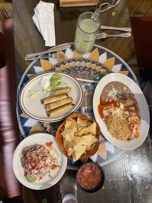 Ceviche tostada, Taquitos and Enchilada plate