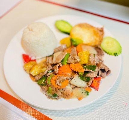 Pepper Steak with rice and fried egg