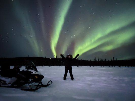 Snow machine, aurora, snow, northern lights.