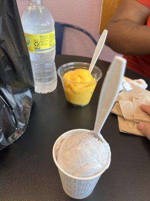 Mango lime sorbet (I think) and honey lavender ice cream