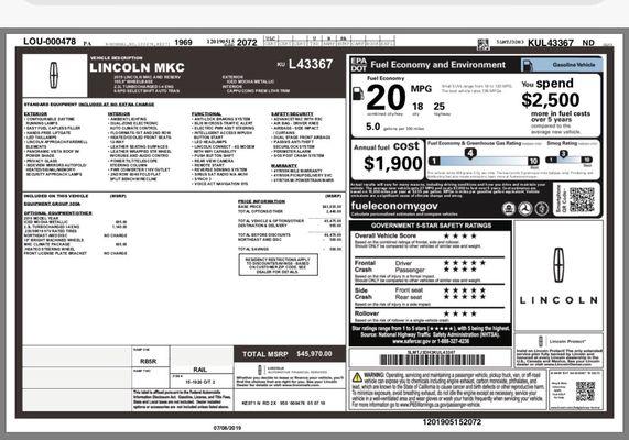 Window sticker. At the bottom is the true MSRP.  This is a Lincoln discount of $500.00.