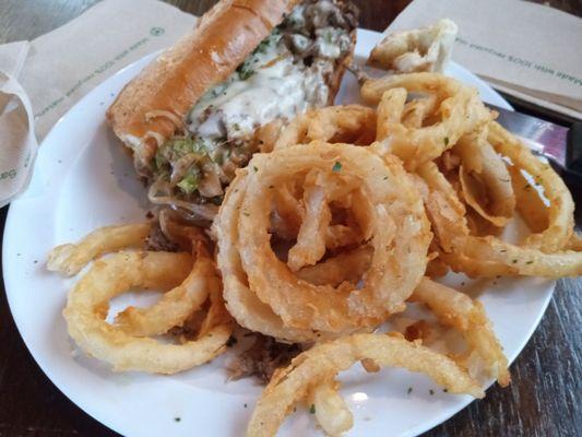 Philly cheese steak and fresh onion rings. It was so tender, made fresh. The best Philly I've had! Great servers and service.