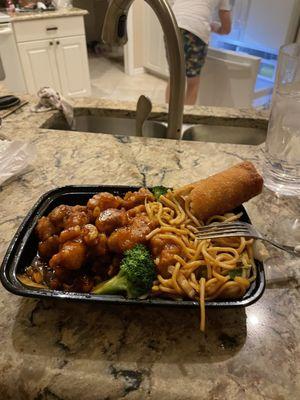 General Tso's Chicken, Veggie lo mein, egg roll.