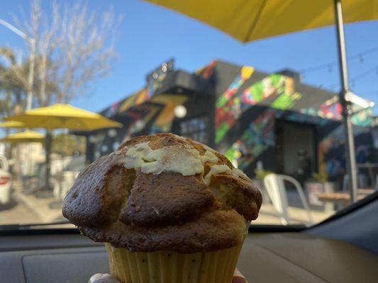 Outside of the cafe (lemon muffin)