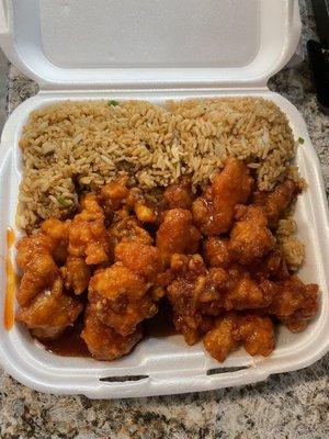 Combination Dinner: General Tso's chicken with fried rice (and egg roll)