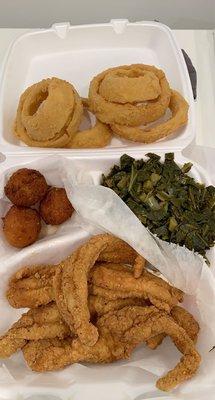 Salt and pepper catfish with collard greens and onion rings