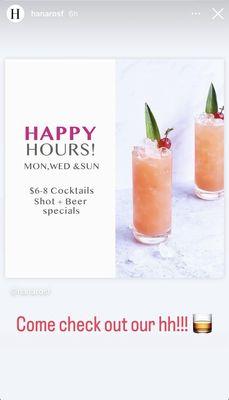 Happy hour Mon,Wed,& Sun