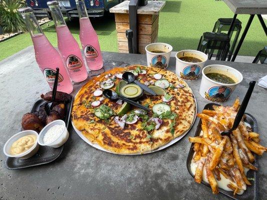 Birria pizza, Queso Fries, Fried Plantains