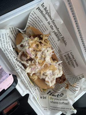 This is "The Dumpster Fire" with chili, slaw, crispy onions and sour cream and mustard!!! So dang GOOD!!!!