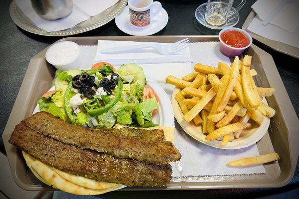 Lamp kabab with pita, side salad and fries