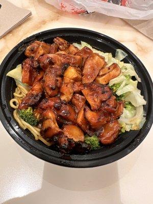 New spicy Chicken orange bowl, they take the classic spicy chicken and toss it in a orange sauce. Very good with noodles and veggies.