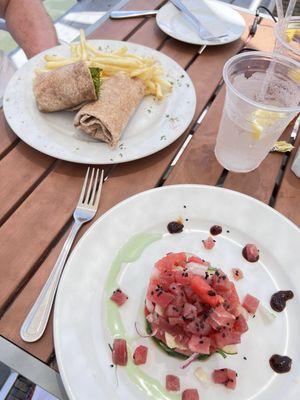 Shrimp salad wrap and tuna and watermelon salad.