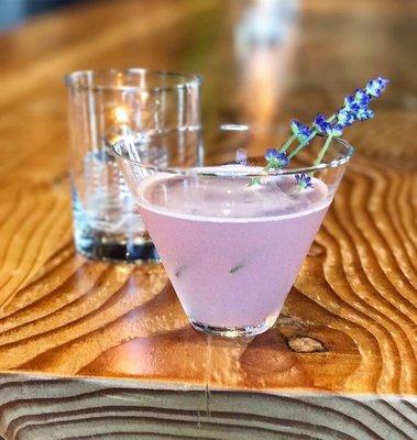 "Lavender Empress" made with Gin, fresh citrus, elderflower & fresh lavender.