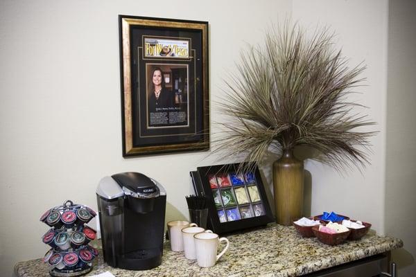 Juice, water, coffee and tea are available at each visit for your convenience.