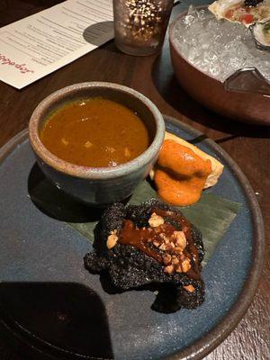 "Snack" plate - squid ink cracker, tortilla soup, corn empanada (art menu)