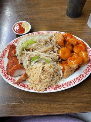 3 item combo with Sweet and sour pork, BBQ pork, fried rice, chow mein and egg flower soup