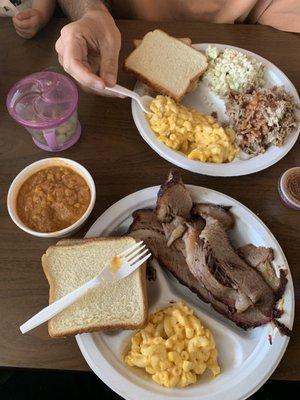 Brisket, pulled pork, Mac n cheese, slaw, Brunswick stew