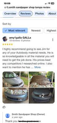 This is the first review on google, where I was able to DIY a black spot in the middle of the bumper with Jim's help.