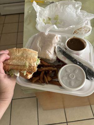 Whole Hot Roast Beef Poboy, Fresh Cut Fries, & delicious brown gravy