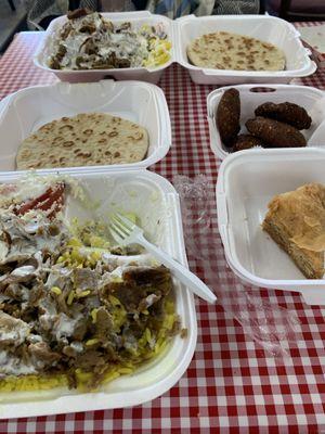 Lamp platter and falafel balls also baklava