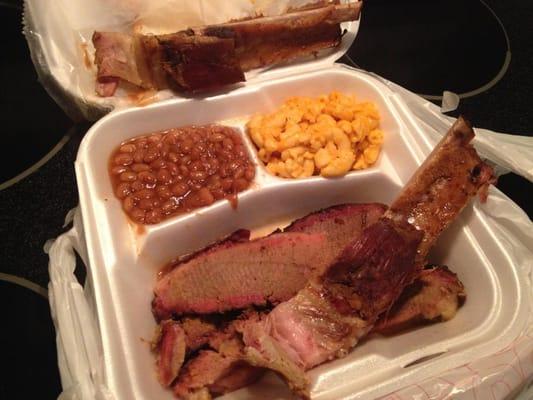 Ribs, Brisket, beans, and mac and cheese