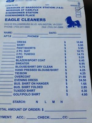 Sample prices from their launder form/receipt.