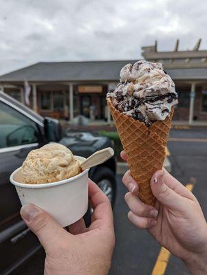 "Dough Your Job" in a waffle cone. Cup pictured is a small.