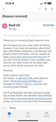 Email from Shell regarding complaint.