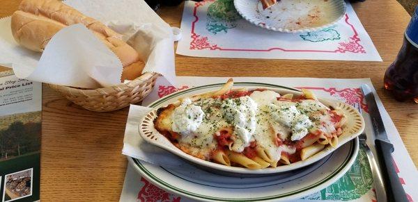 Baked Ziti with Ricotta and a side of bread and salad