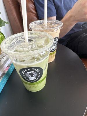 iced strawberry matcha. iced vanilla latte.