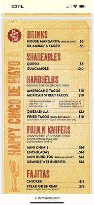 Cinco de Mayo menu for Utica location. Be warned- 90 minute limit at a table.