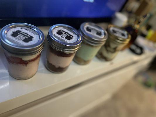 (Left to right) 8oz Strawberry Cheesecake, 8oz Red Velvet, Key Lime Pie, 8oz Tiramisu