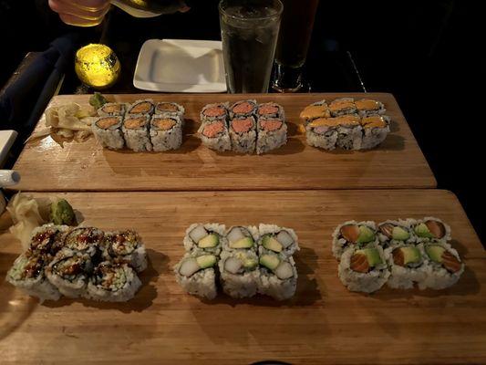 (Back) Spicy Roll Combo- spicy salmon, spicy tuna, spicy Yellowtail (Front) Classic Roll Combo- eel cucumber, California, salmon avocado.