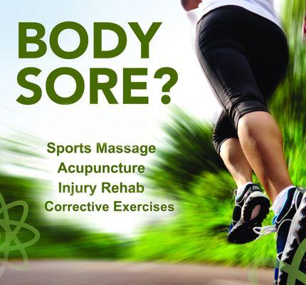 We get Results!  
-Sports Massage
-Injury Rehab
-Acupuncture
-Corrective Exercises