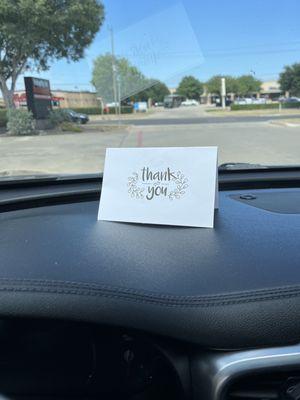 Nice professional touch, a thank you card on the dashboard. These small touches all add up!