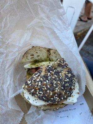 Everything bagel with tomato, mozzarella and pesto