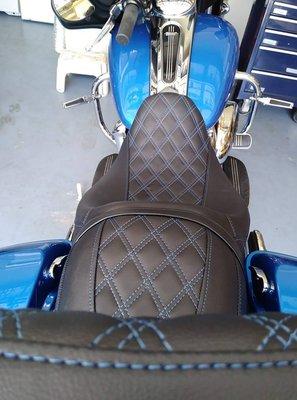 Beautiful bike went with blue Bentley stitching to match bike color