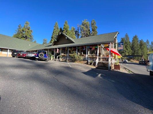 Parking lot has outdoor patio.