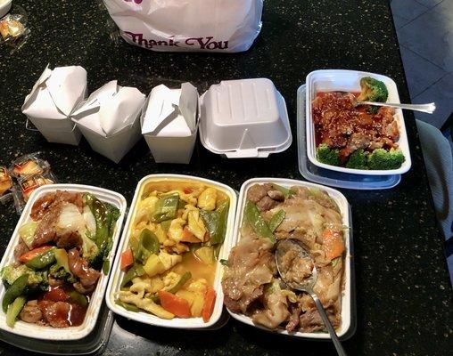 $78.23 on the counter- Beef & Scallops, Pineapple Chicken, Beef Chow Fun, Sesame Beef.