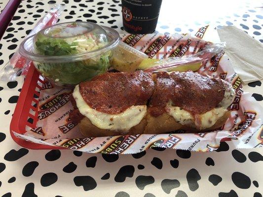 The phenomenal Pepperoni Pizza Meatball sub on a garlic bread roll!