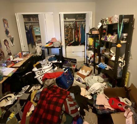 Before picture of a teenager's room - facing toward the closets.