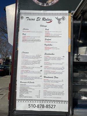 Menu at Tacos El Rulas in Berkeley.