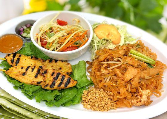 All day set #1, Padthai chicken, chicken sate, papaya salad $11.95