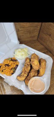 Three piece chicken tender coated with pollo gordito spices 14 herbs and spices with red beans and rice Mac n cheese mashed potatoes