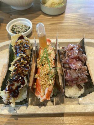 Shrimp Tempura, King Crab, and Wagyu Hand Rolls.