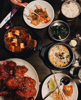 Korean fried chicken, kimchi jigae, corn cheese