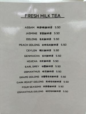 Fresh milk tea menu