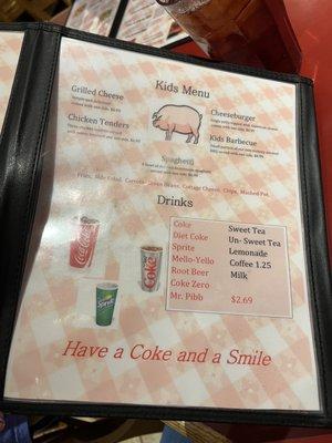 Kids meals, drinks menu