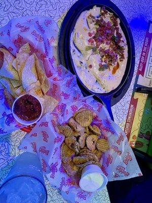 Crispy Fried Pickles and Chorizo Queso Dip