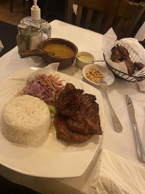 Pork chops/white rice/ onion salad/ beans/ Amarillo's.